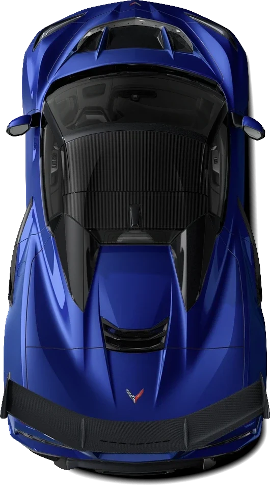 Top-down view of a deep blue Corvette with carbon fiber accents