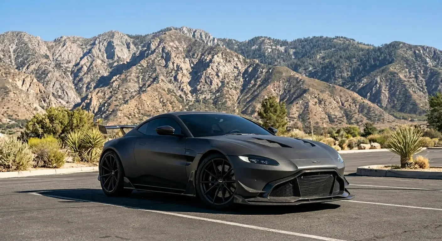 Ceramic-protected matte gray Aston Martin Vantage against High Desert mountains